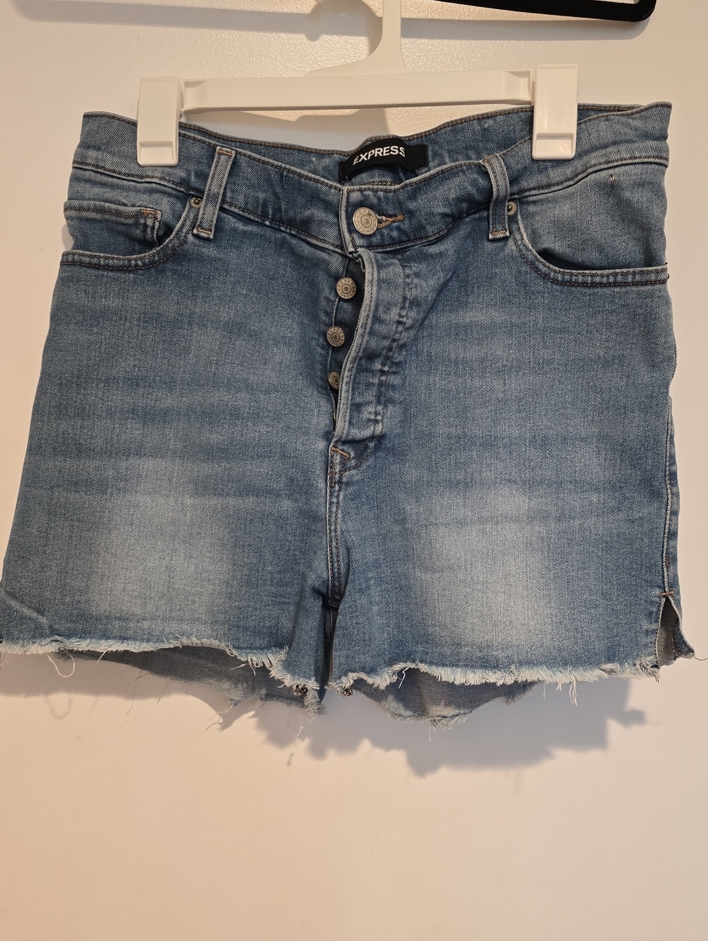 Express Light Blue Button-Fly Frayed Hem Denim Shorts